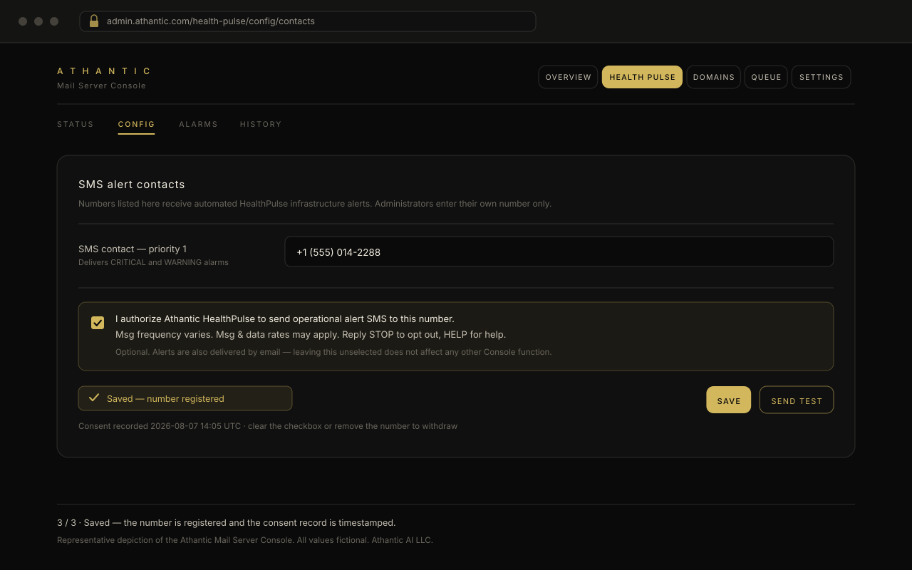 The saved state of the panel confirming the number is registered and the consent record timestamped